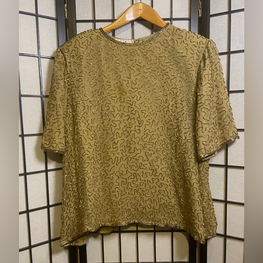 Vintage Laurence Kazar Gold Beaded Cocktail Women’s Short Sleeve Blouse Top